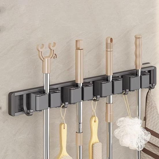 Органайзер для швабры и веника с 5 крючками, настенный, без перфорации, водонепроницаемый, противоскользящий