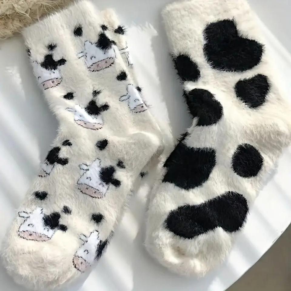1 Pairs Women's Plush Mid Length Socks Kawaii Dairy Cattle Thickening Mink Wool Sweet Soft Warm Stay At Home Women's Floor Socks