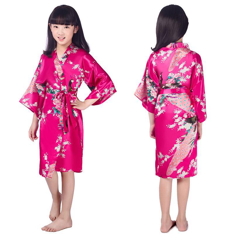 Летняя ночная рубашка для девочек с принтом павлина и пиона, шелковая на ощупь, халат