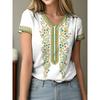 Женская футболка с вышивкой в этническом стиле, с V-образным вырезом и короткими рукавами, летний повседневный свободный топ, скрывающий недостатки фигуры и стройнящий, подходит для работы