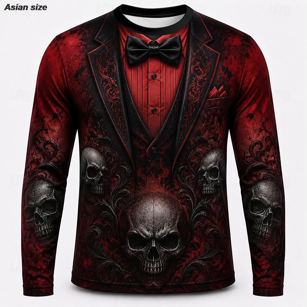 Fashionable Men's Autumn Halloween Skull Long Sleeve T-shirt 3D Print Crew Neck Breathable Top Daily Simple Comfortable Soft Loose Versatile T-Shirts