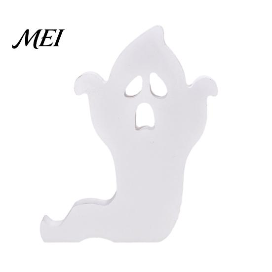 White Ghost Figurine for Home Cute Halloween Wooden Table Sign, Spooky Standing Decorative Entryway Block Sign Holiday Tiered Tray Centerpiece, Indoor
