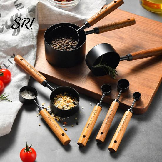 Retro Kitchen Utensils 4Pcs Gold-Plated Stainless Steel Measuring Spoons & Cups Set, Precision Baking Tools with Wooden Handle Wood Handle,