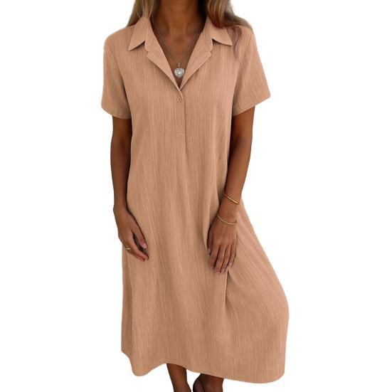 Midi Womens Dress Linen Cotton Vneck Short Sleeve Swing Dress Casual Aline Flowy Sundress Summer Beach Outfits