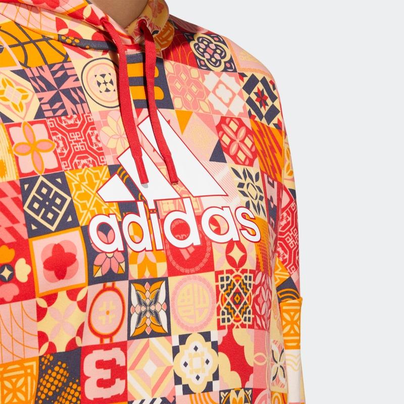 adidas Cny Новогодний геометрический узор с полным принтом, длинный рукав, толстовка с капюшоном, женская толстовка с капюшоном, красная HI3262