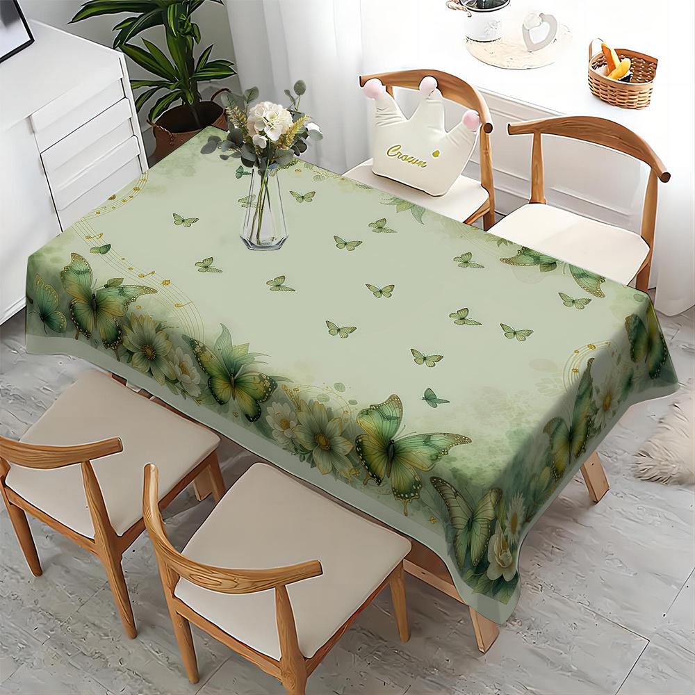 2D Flat Banner + 1pc Tablecloth, Green Fresh and Simple Butterfly Floral Pattern Tablecloth, Rectangular Colorful Printed Tablecloth, Suitable for Bot