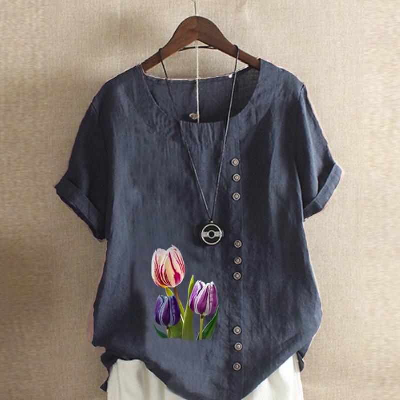 Women's Fashion Round Neck Short Sleeve T-shirt Casual Cotton Linen Graphic Shirt Tulips Prined Summer Blouse Tops