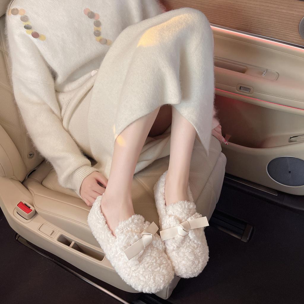 Fairy Wind Bow Flat Bottom Fluffy Shoes Female 2025 Autumn and Winter New Female Single Shoes One Pedal Warm Velvet Cotton Shoes