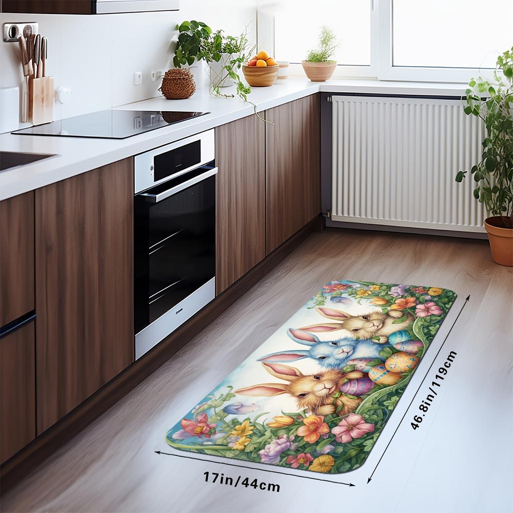 1pc Easter Festive Kitchen Mats Rabbit And Egg Pattern Mat  Thickened Kitchen Floor Mat Waterproof Non-slip Oil-proof Floor Mat Runner Rug