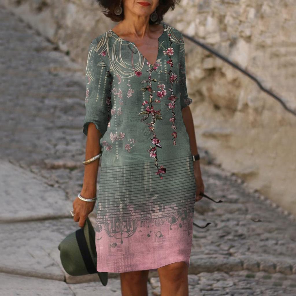 Women's Summer Casual Fashion Five-quarter Sleeve Printed V-Neck Loose Mid-Length Dress