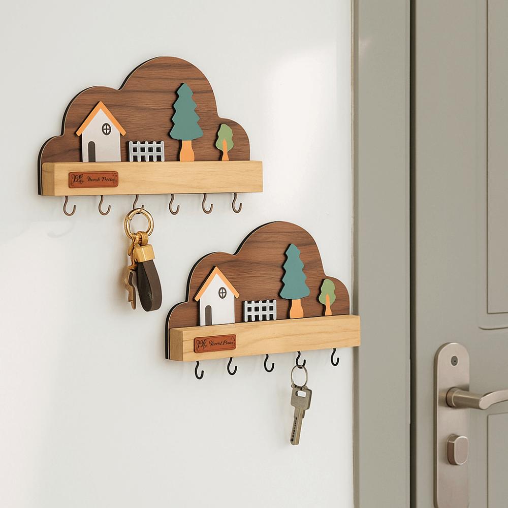 Cloud House Forest Key Storage Holder Solid Wood Decorative Hook Door Wall Hook  Home Decor