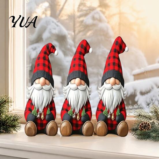 Christmas Gift for Family 3Pcs/Set Wooden Gnome Ornaments, Faceless Figurines with Plaid Hats, Solid Wood Xmas Ornaments Rustic Centerpieces