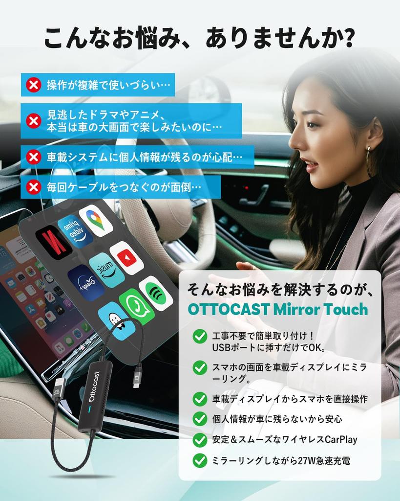 OTTOCAST Зеркало Сенсорное Зеркалирование Беспроводной CarPlay Совместимый [Официальный] Двусторонний