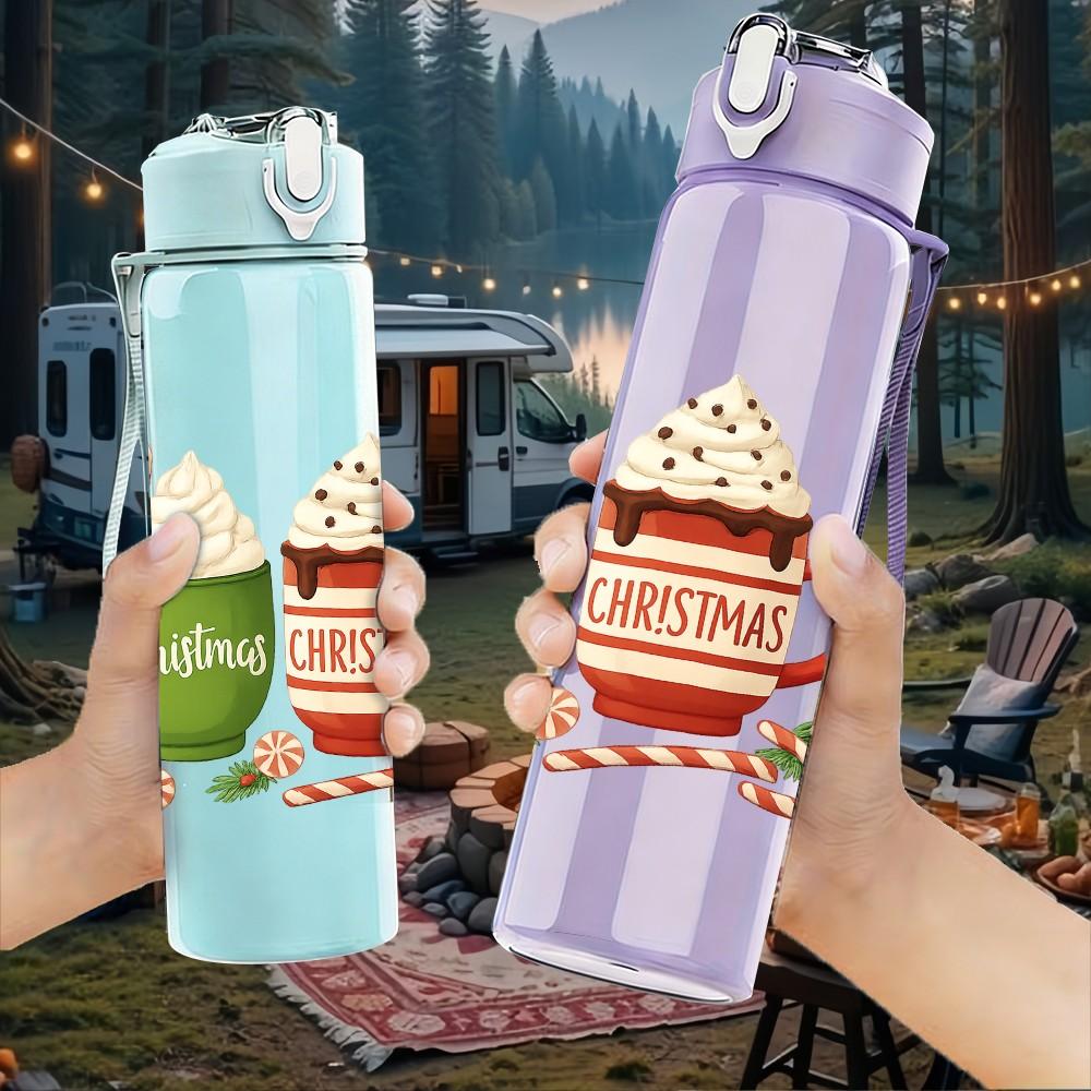 1PC Christmas Hot Cocoa Mug Group 750ml Color Plastic Sports Water Bottle Leakproof Flip Straw Lid Suitable for Sports Office Home Use