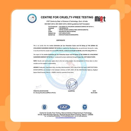 Солнцезащитная компактная пудра Derma Co Hyaluronic Sunscreen SPF 50 PA+++ с керамидами | Матовый финиш | Ровный тон кожи | Контроль жирности | Не липкая - 7 г