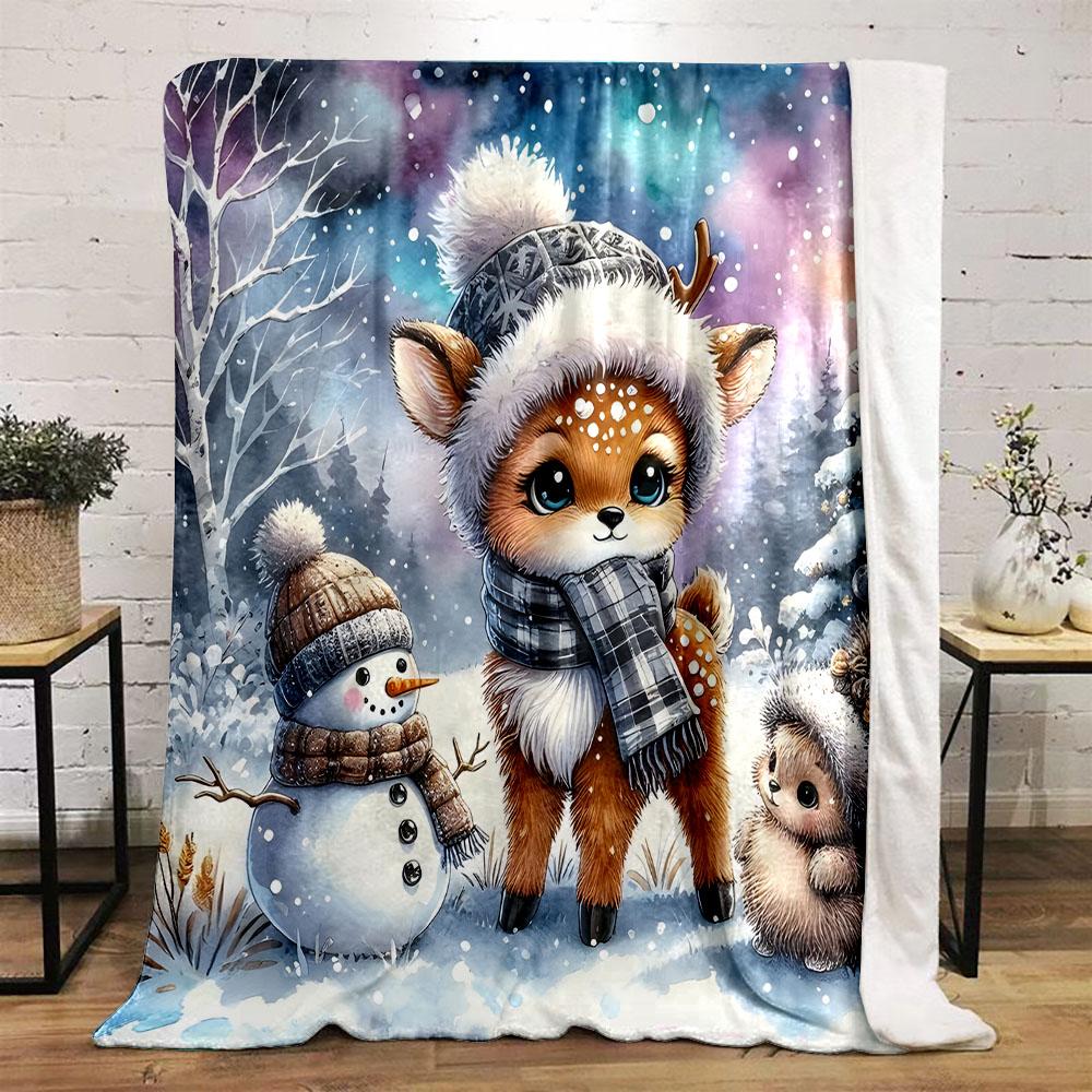 "Winter Deer, Snowman, and Bunny Scene" Patterned flannel blanket perfect for the bedroom living room, sofa, or a little nap