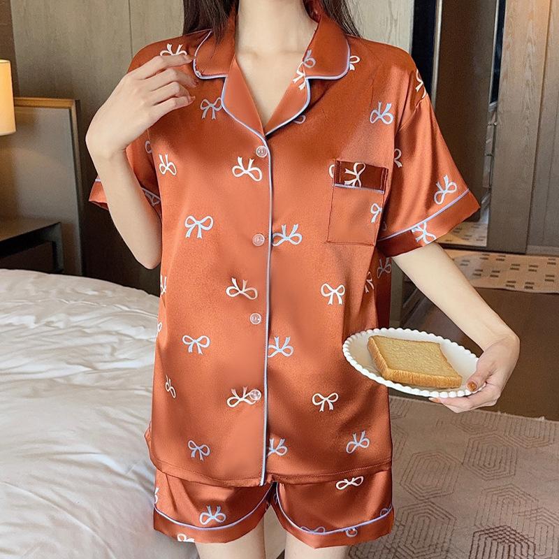 French Girl Summer Ice Silk Pajamas Short-Sleeved Set Bow Cool Silk Loungewear