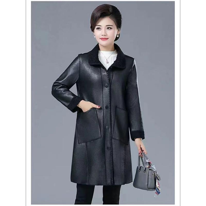 Elegant Slimming Fleece Lined Thick Warm Mom Coat Womens Mid Long Over Knee Faux Leather Trench Coat
