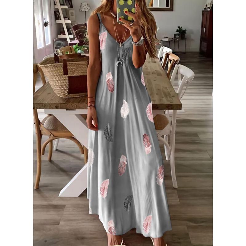 Модное платье-сарафан без рукавов с принтом перьев, с глубоким V-образным вырезом, облегающее, элегантное, свободное, женское, летнее, А-силуэта, для вечеринок, повседневное, простое, женская одежда