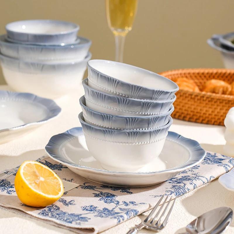 Обеденные тарелки во французском стиле, изысканные блюда, глубокая суповая тарелка, изысканный фруктовый салат, керамическая тарелка, синяя кромка, домашняя посуда