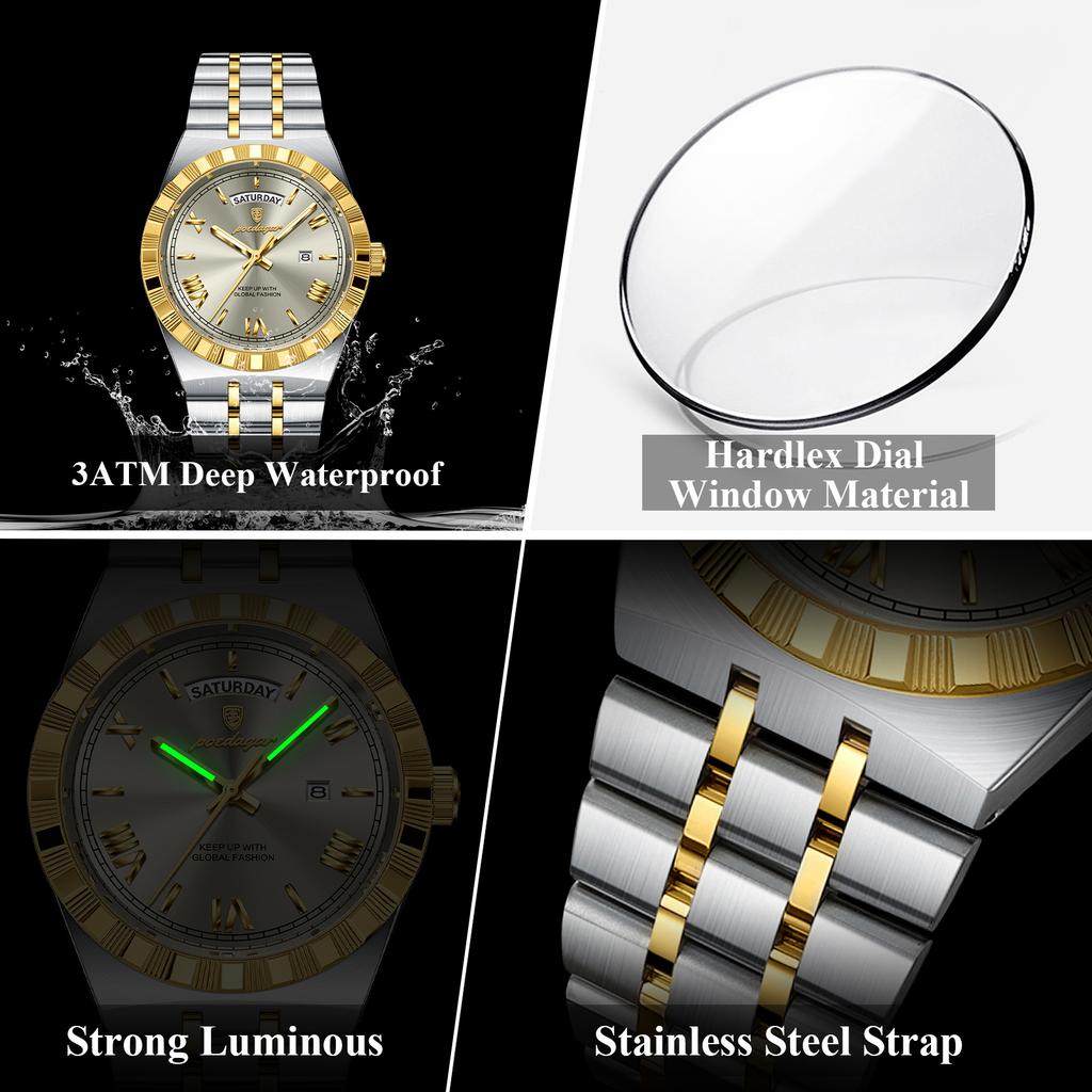 POEDAGAR Business Male Watch Luminous Waterproof Stainless Steel Men Wristwatch Week Date Quartz Fashion Men's Watches