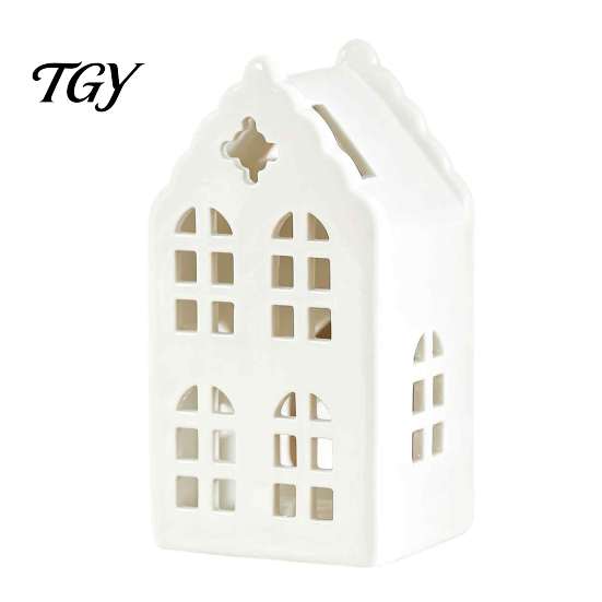 Modern Minimalist Ceramic Art House Shape Candle Holder, White Hollow Tea Light Holder Unique Decor Ornament, Artistic Miniature Figurine for