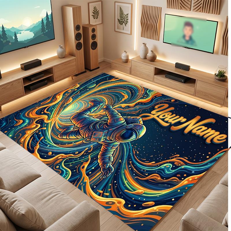 Astronaut Space Theme Soft Crystal Velvet Rug Custom Name & Text Print Non Slip Floor Rug for Bedroom Living Room