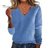 Женский свитер с V-образным вырезом, длинным рукавом, ребристой отделкой, пуловер, трикотажные топы, повседневный свободный нарядный свитер, повседневная одежда