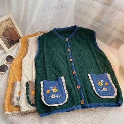 Вязаный жилет, женский осенне-весенний кардиган без рукавов с v-образным вырезом, эластичная маленькая майка с карманами и принтом, свитер, жилеты