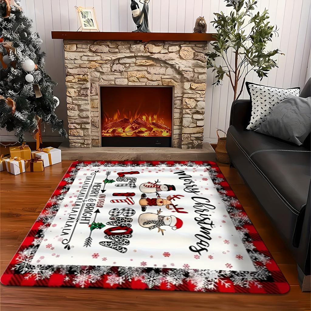 Let It Snow Christmas Area Rug Merry Christmas Lettering Snowman Carpet for Living Room Indoor Entryway Lounge Hearth Mat
