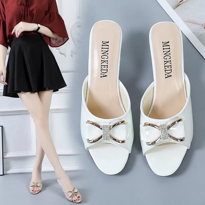 Slippers Women's Solid Color Summer Mid-heel Shoes Bow Candy Shoes One-word Sandals and Slippers Women's All-match High-heeled Sandals