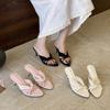 Spring French Style Round Toe Thin Heel High Heel Elegant French Style Fashion Lace Open Toe Women'Sslide