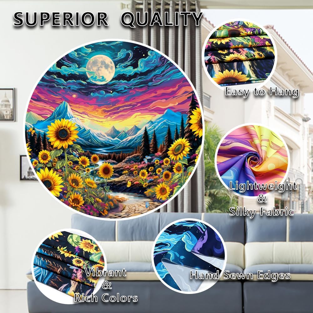 Dermijer Blacklight Moon Sunflower Tapestry Starry Night Mountian UV Reactive Wall Hanging Tapestries Galaxy Space Nature Landscape Tapestry for Home