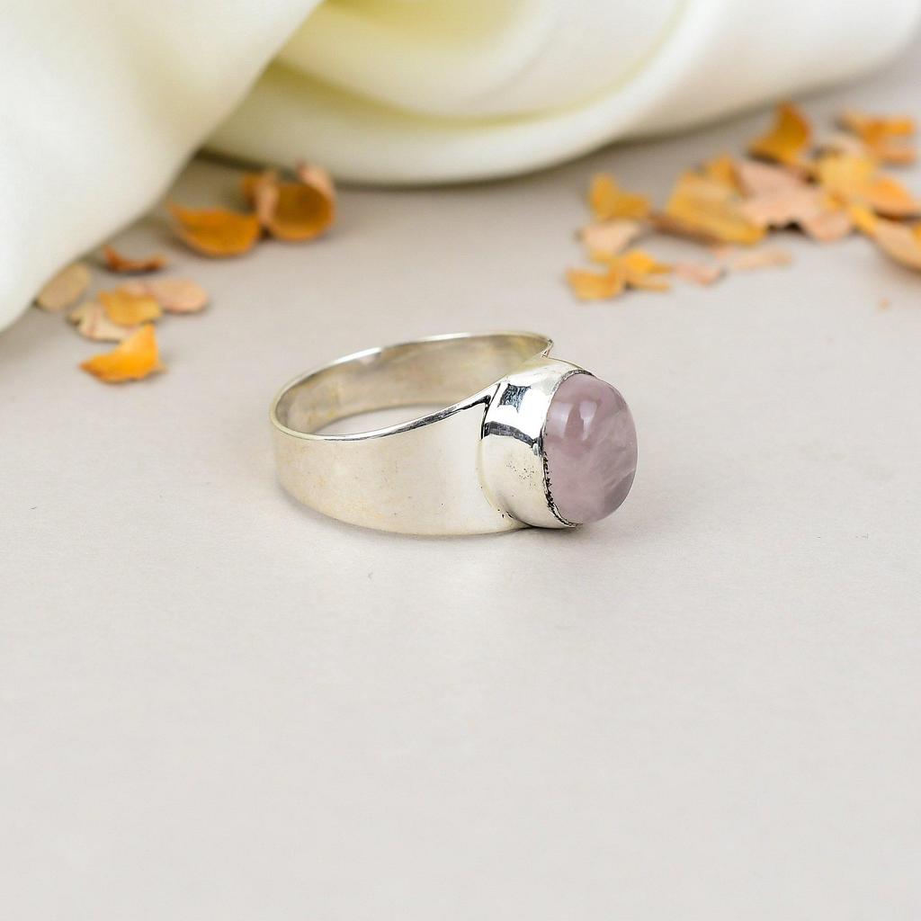 925 Sterling Silver Rose Quartz Gemstone Oval Shape Ring For Women