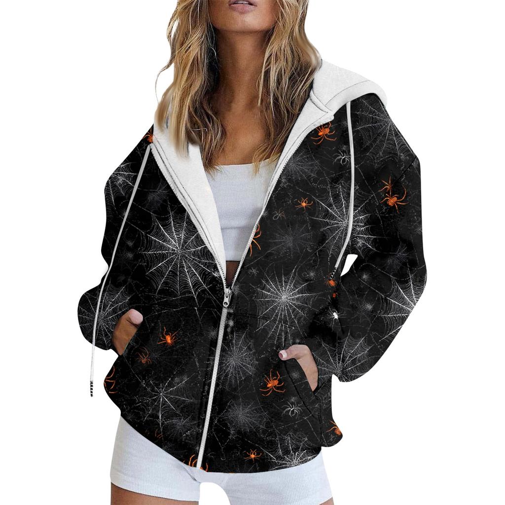 Женская модная повседневная толстовка с принтом на Хэллоуин, длинный рукав с карманом, кардиган, куртка, пальто с капюшоном на молнии