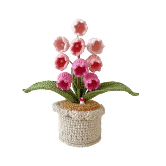 Crocheted Potted Bell Flower Decoration Handmade Knitting Floral Ornament Artificial Hand Woven Flower Home Office Table