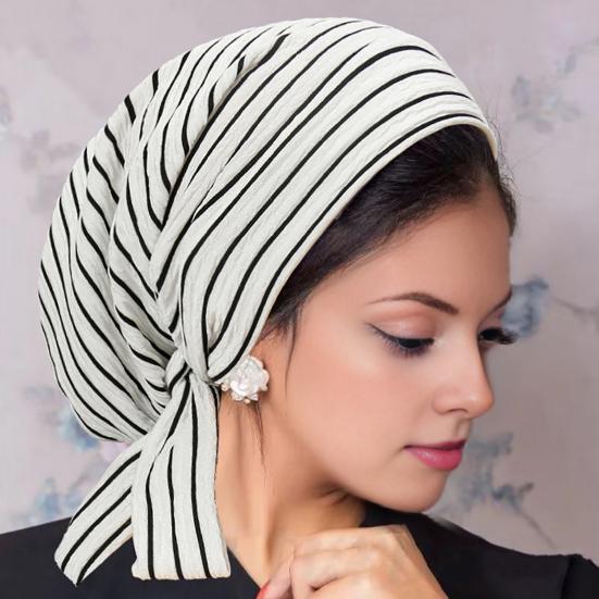 Women Headscarf Hat Striped Print Lace-up Turban Hat Hair Loss Chemotherapy Headwear Full Coverage Head Wrap
