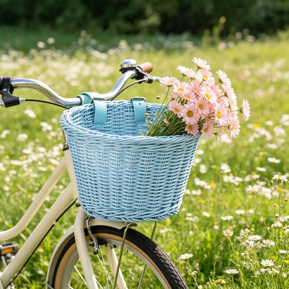 Kids Bike Basket Woven Imitation Rattan Bicycle Handlebar Basket Front Storage Basket for Kids Bike Scooter Toys Snacks Drinks