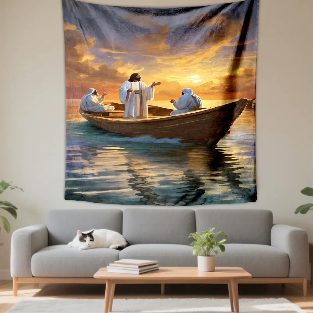 Jesus disciples boat sunset calm sea peaceful spiritual artwork Patterned tapestry for bedroom and living room home decor sofas
