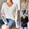 Autumn And Winter Women's Mixed Colour Hand Crochet Flower Patchwork V-Neck Pullover Sweater