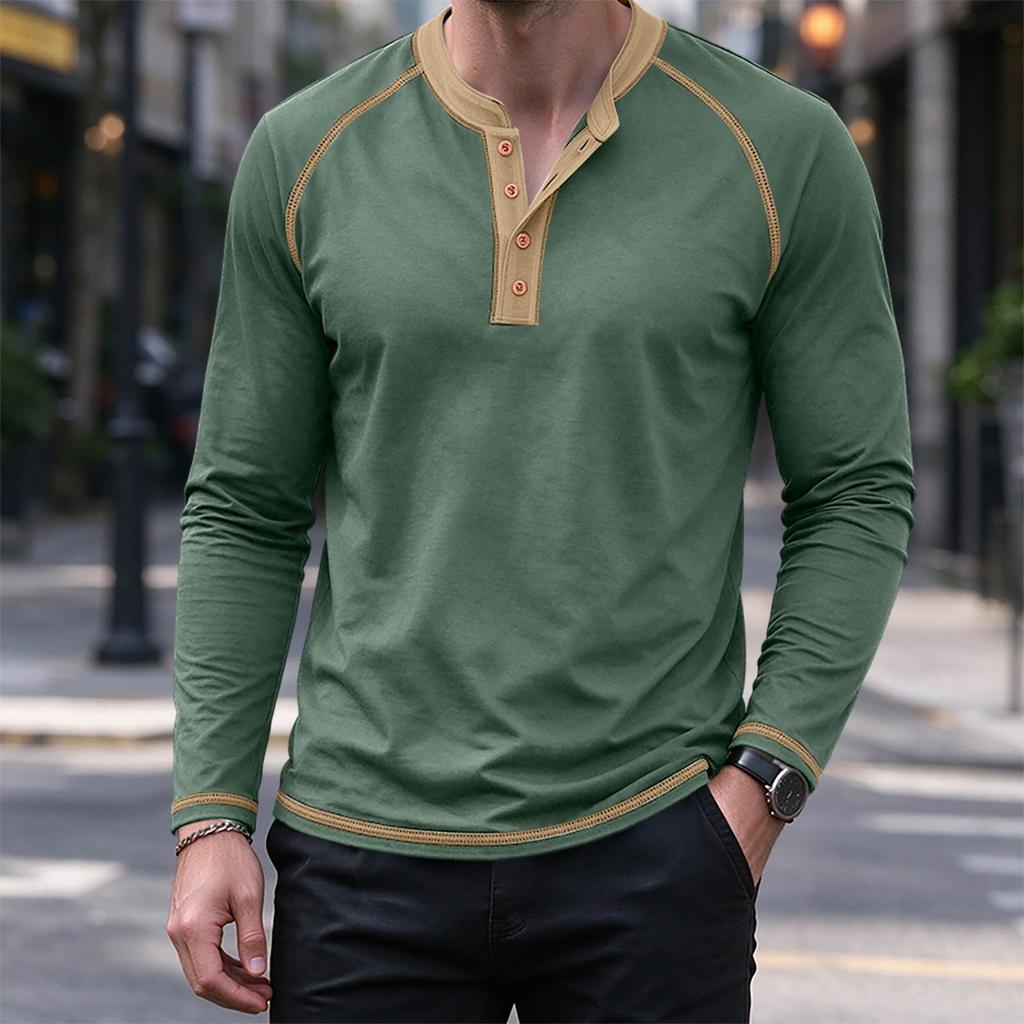 Men's Color Block Shirt, Neck Casual Base Layer Top for Everyday Wear