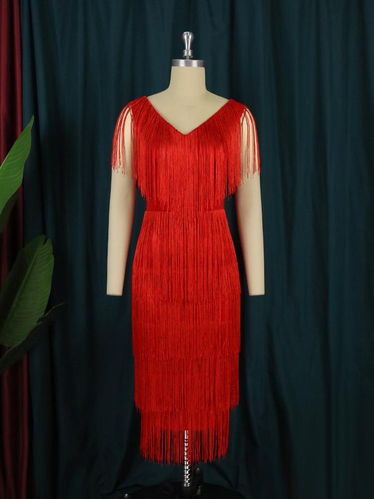 AOMEI Red Tassel Hem Dresses V Neck Sleeveless Bodycon Layered Fringe Cocktail Party Gowns Outfits Plus Size