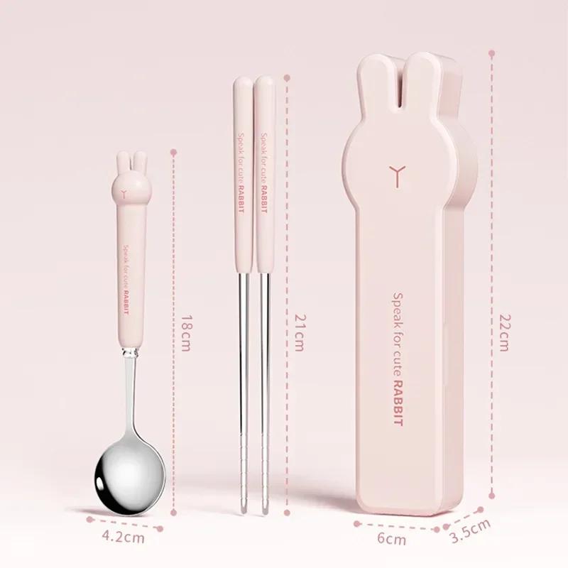 Stainless Steel Portable Cutlery Children'S Two Piece Set Student Cute Animal Bear Rabbit Spoon Fork Chopsticks Three Piece Set