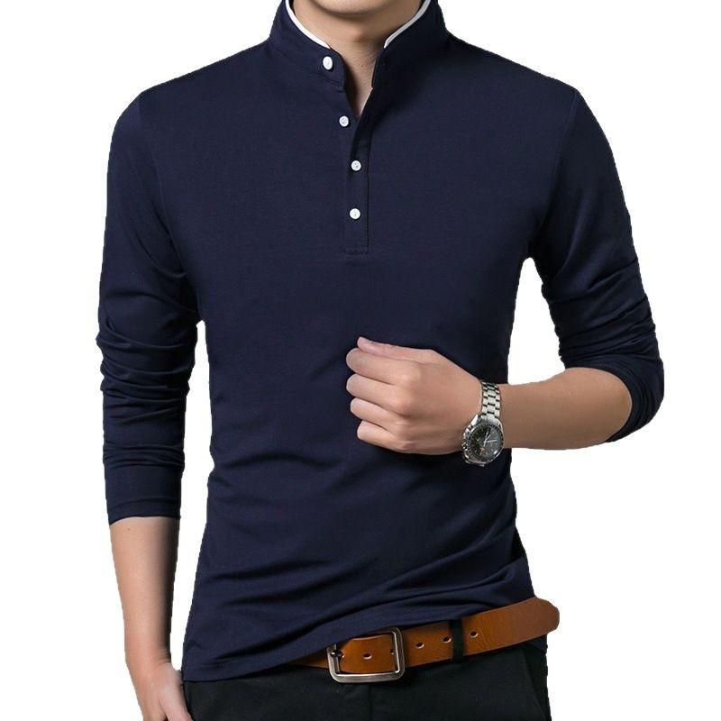 Мужская весенне-осенняя футболка с длинным рукавом однотонная футболка поло в стиле business casual для мужчин среднего и молодого возраста