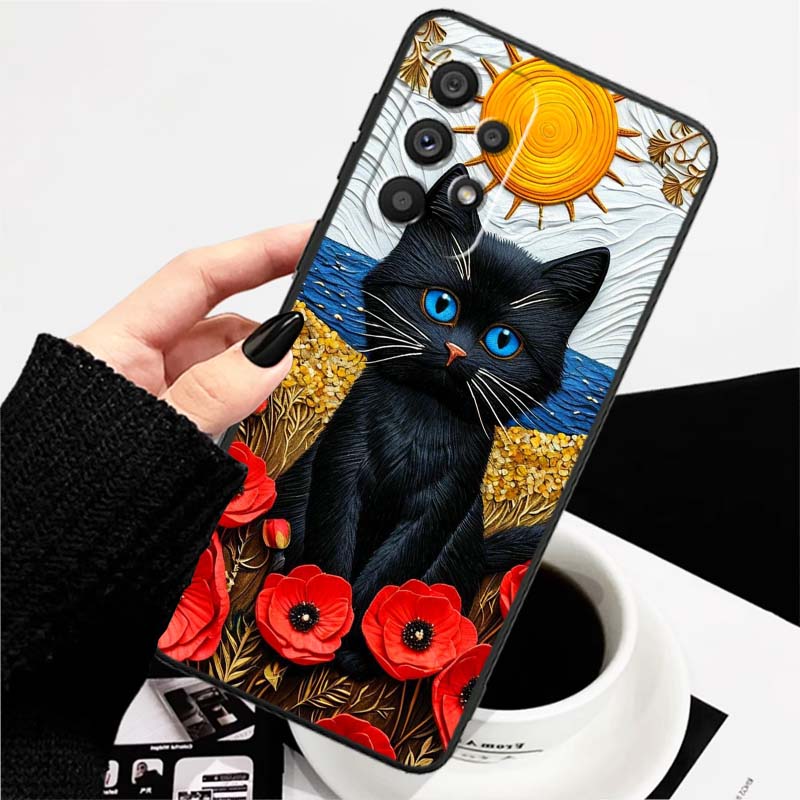 Мультяшный Милый Кот Для Samsung A73 A72 A71 A55 A54 A53 A52 A51 A13 A22 A16 A15 A12 A14 A26 A07 5G Черный Чехол для Телефона