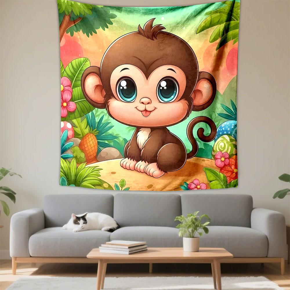 Cute Cartoon Monkey in Jungle Scene Patterned Tapestry Decorative Wall Hanging, Home Bedroom Living Room Decor