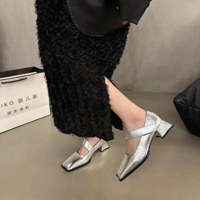 Модные серебристые туфли Мэри Джейн на толстом каблуке для женщин Модные туфли на плоской подошве Весна-Осень для женщин Туфли-лодочки из кожи