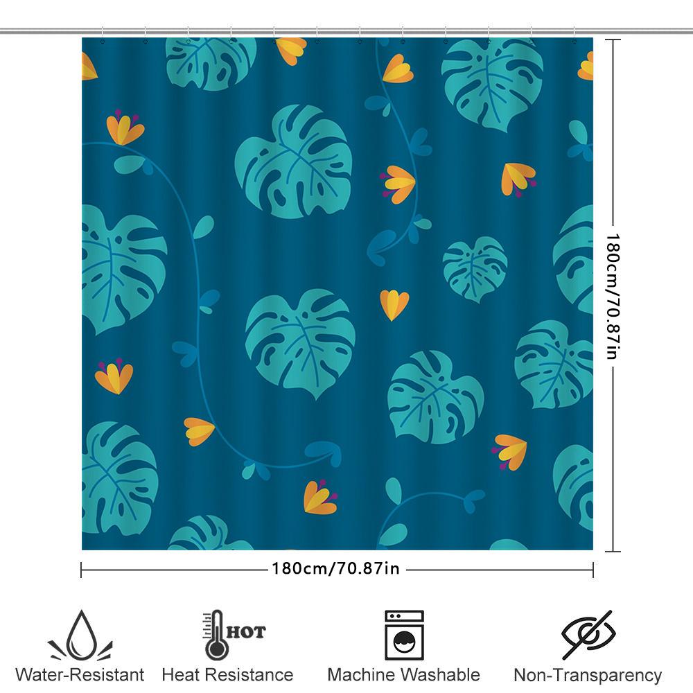 Blue Pattern Shower Curtain Home Decor Waterproof Bathroom Liner for Bathtub Tropical Leaves with Yellow Flowers Design (180x205