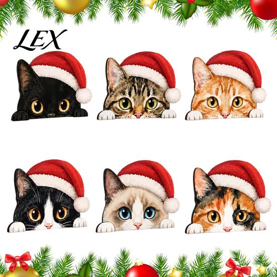 Christmas Party Props Cute Cat Shelf Sitter, Wooden Hat Peeking Desk Figurine, Funny Animal Sitting Sign, Lover Gift for Holiday Home Office