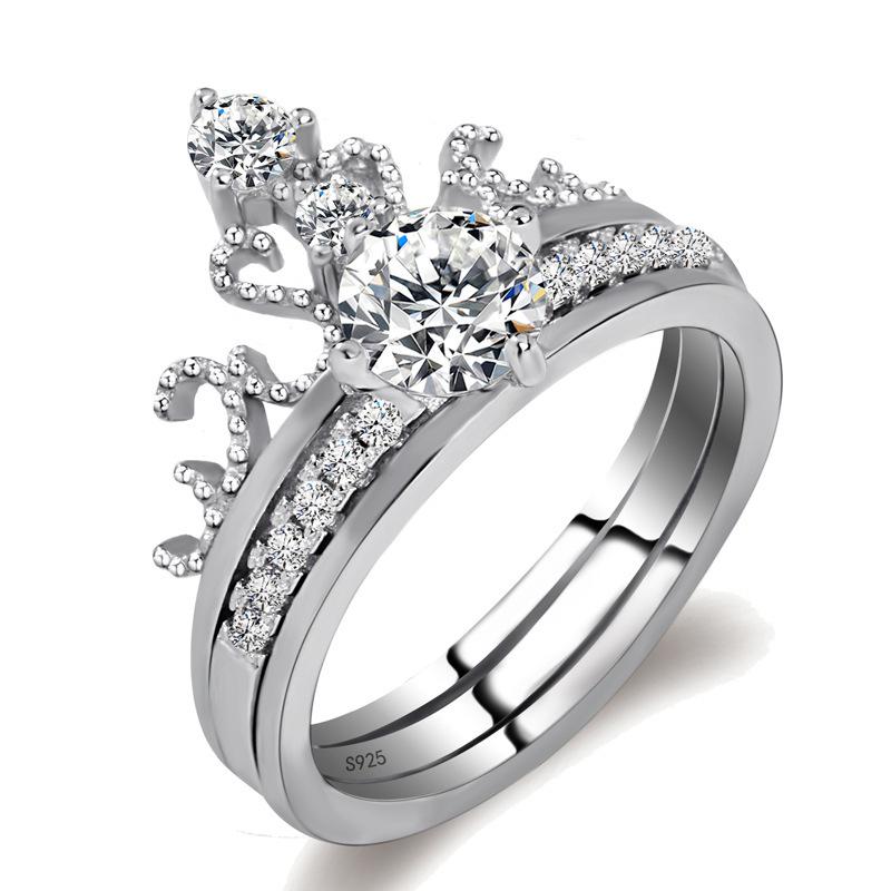 White Copper Jewelry Ring Double Crown Women'S 2-Piece Combination Ring, Popular With